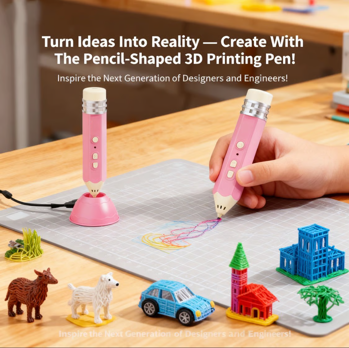 Pencil-shaped 3D printing pen and accessories