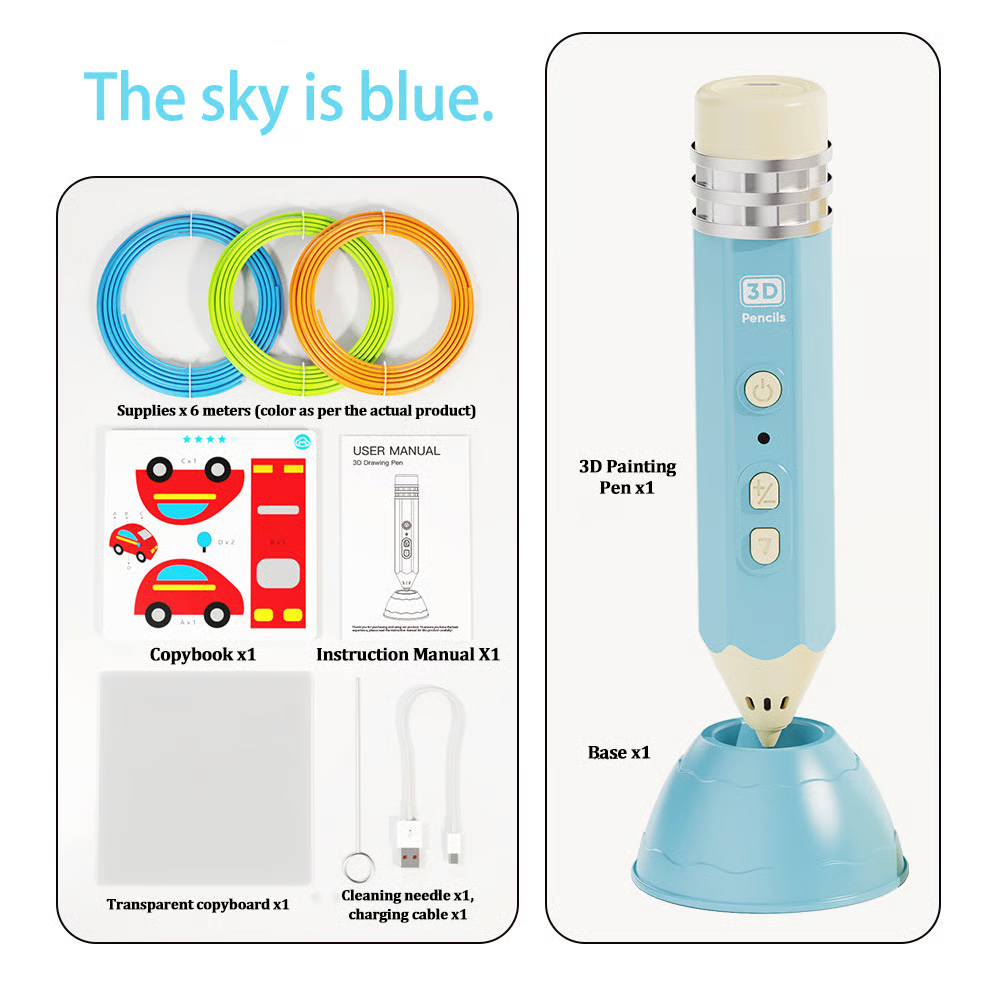 Pencil-shaped 3D printing pen and accessories